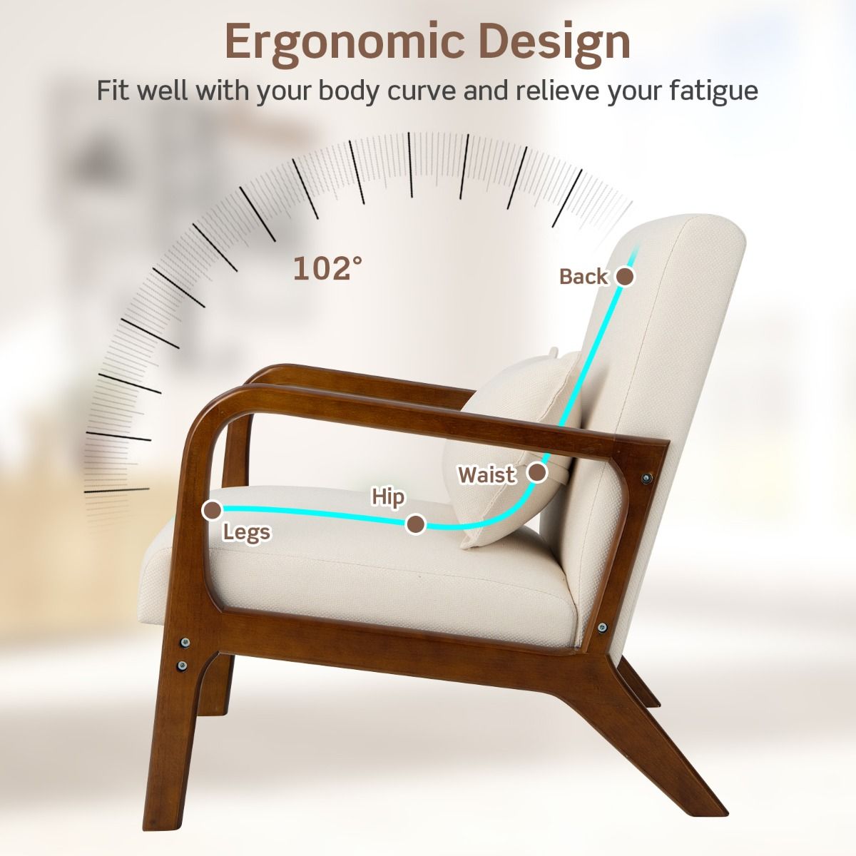 Coast Armchair Chaise longue tapissée avec accoudoirs, bois d'hévéa, beige, 65 x 79 x 77 cm