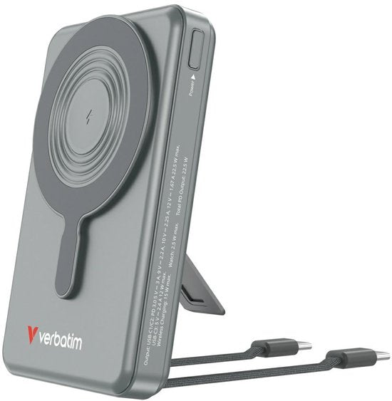 Powerbank Verbatim 10 000 mAh Charge N Go avec support magnétique, recharge sans fil et écran TFT