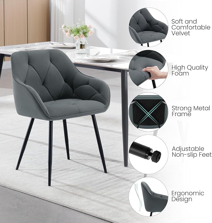 Chaise de salle à manger WOLTU - 1 pièce - assise en velours - avec accoudoirs - pieds en métal - gris foncé