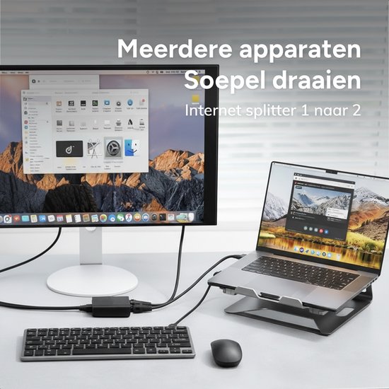 Skoov Internet Splitter 1 in 2 out - Commutateur réseau avec 2 ports - 1000Mbps - RJ45, Cat5, Cat6, LAN, UTP, Ethernet splitter - Adaptateur - Noir
