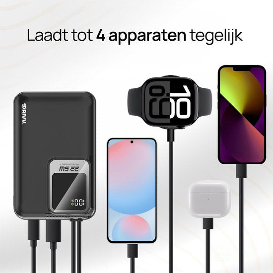 Drivv. Batterie externe 20 000 mAh - Avec câble 8 broches et USB-C intégré - Câble de recharge 60 W inclus - Fonction de recharge rapide 22,5 W - USB / USB-C - Kit d'urgence