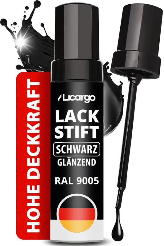 Licargo Lacquer Stick Car Black Gloss 12 ml - Pinceau de précision - Séchage rapide Réparation des rayures et des éclats de pierre