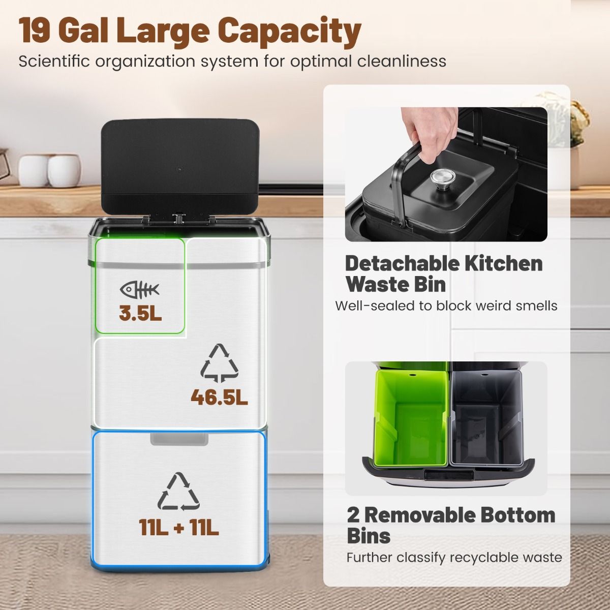 Coast 72 L Garbage Bin with Sensor - 4 Bins, Silver, 42 x 32-58 x 84-110 cm, Electric Garbage Bin with Soft Closure for Kitchen and Office