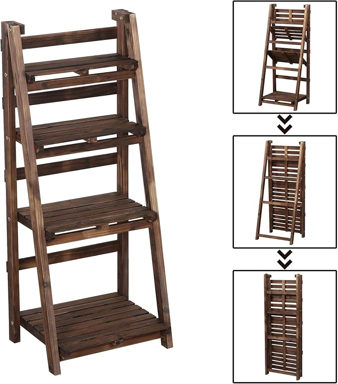 Yaheetech Étagère à plantes pliable à 4 niveaux - Marron - Étagère à fleurs en bois pour l'intérieur et l'extérieur