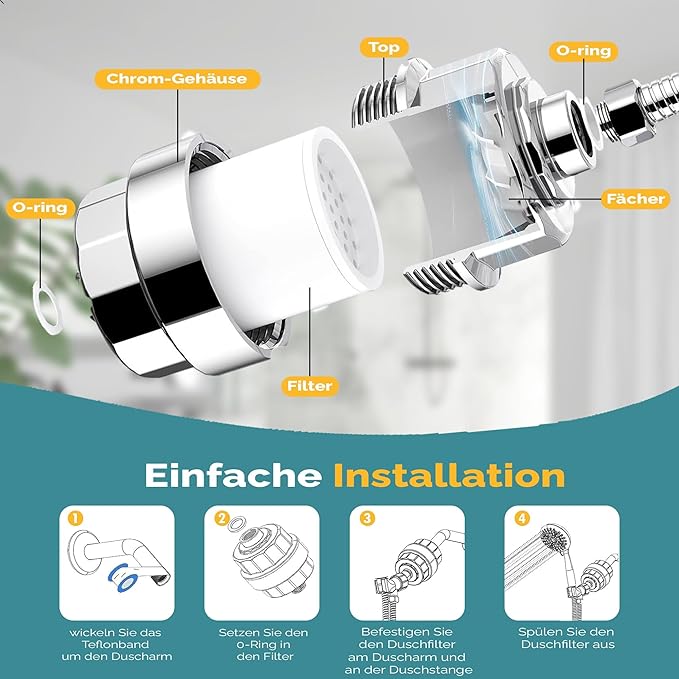 Essible 15-stage shower filter - with vitamins C and E - stainless steel water filter for shower head - against limescale, chlorine and fluoride**.