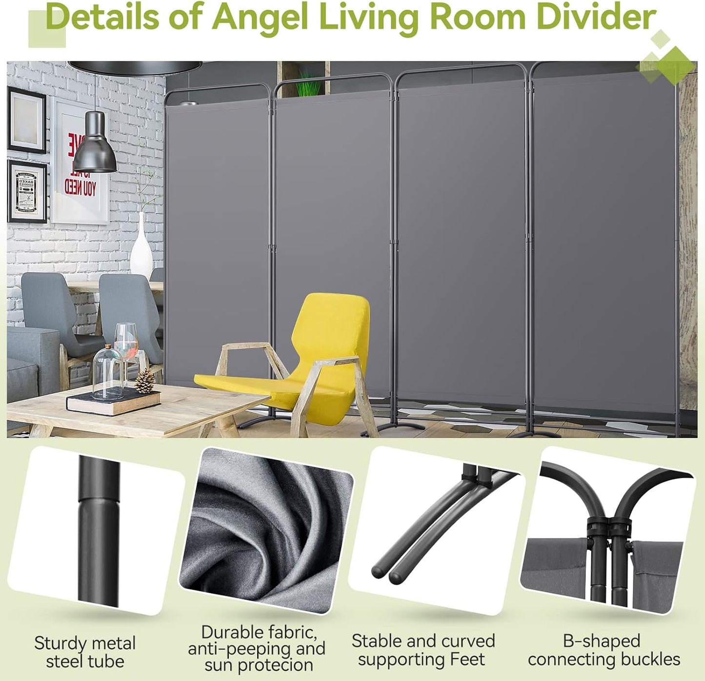 Angel Living Paravent - 4 Panneaux - 324 x 180 cm - Gris