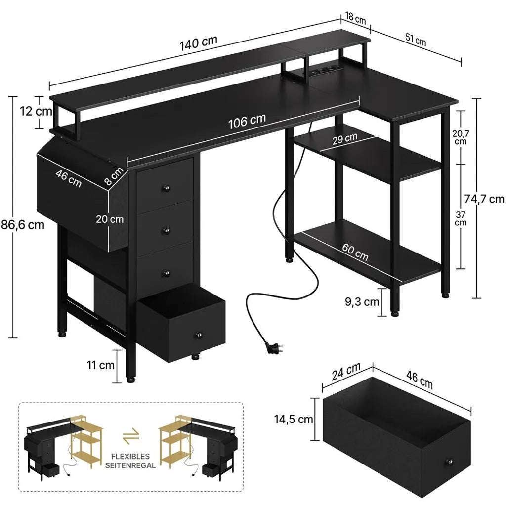 Yaheetech Bureau en L 140 × 68 × 87 cm - Noir - Bureau de jeu avec station de recharge, support d'écran et espace de rangement