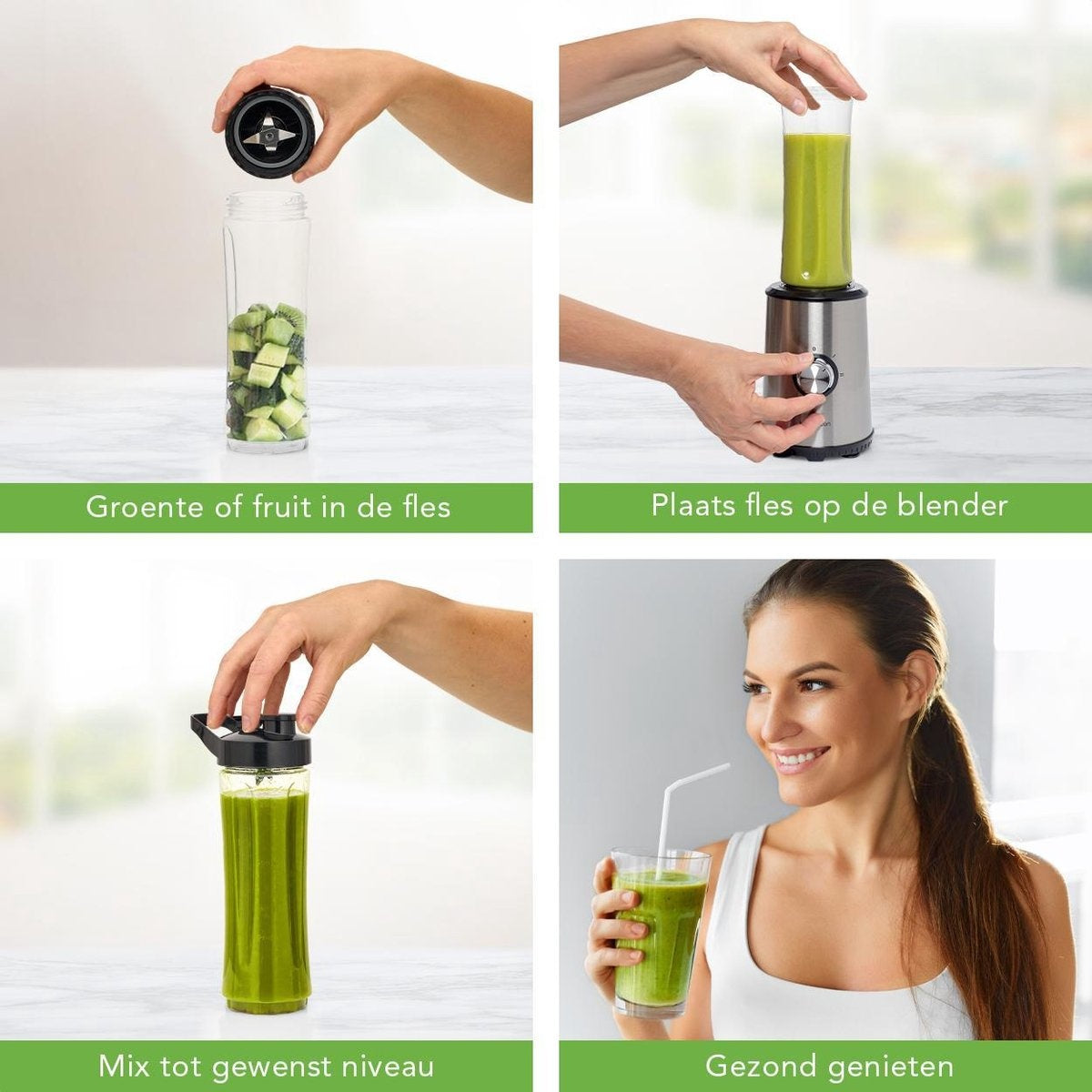 Mini Blender - KitchenBrothers - 2 gobelets à emporter - 350W - acier inoxydable