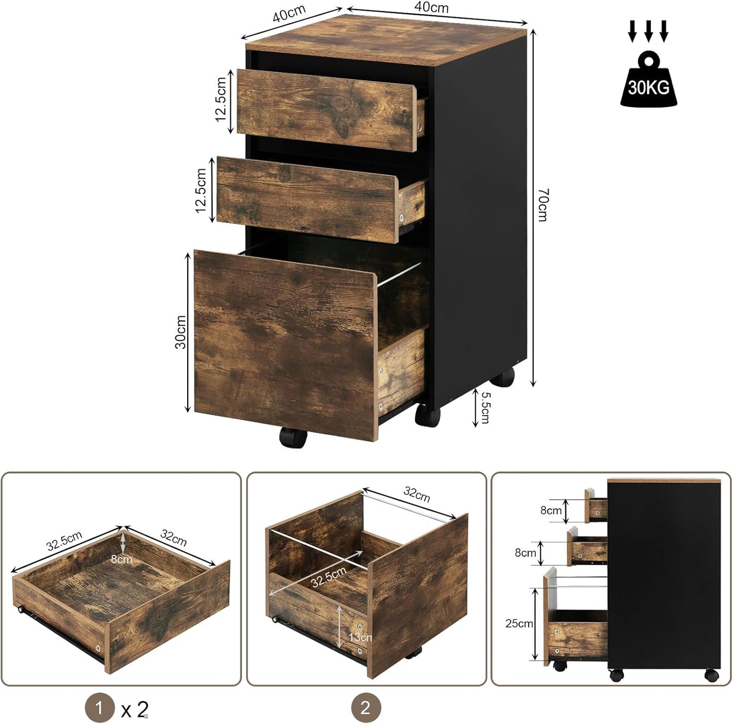 Woltu Mobile Filing Cabinet - Conteneur à roulettes avec 3 tiroirs et roulettes - Industrial Dark Oak/Black - 40 x 40 x 70 cm