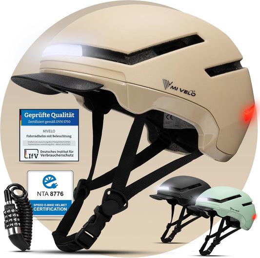 Mivelo Casque de vélo unisexe NOVA - Avec lumière - Certifié NTA jusqu'à 45km/h - Beige - Taille M (54-58 cm)
