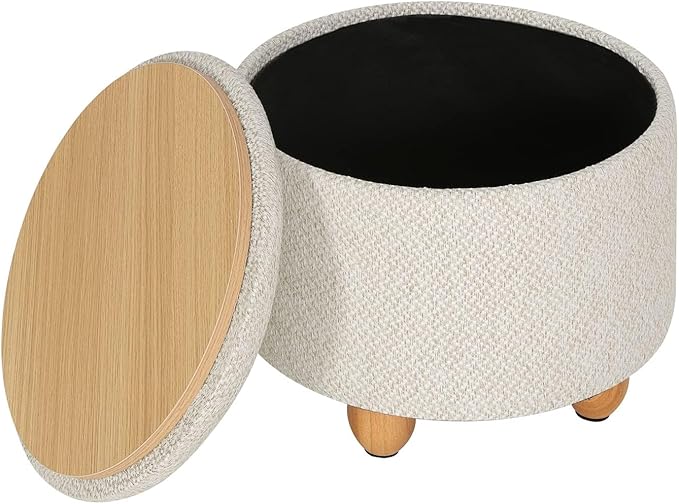 WOLTU pouf de rangement - pouf rond avec couvercle - lin crème blanc - 39 x 33 cm - pieds en bois