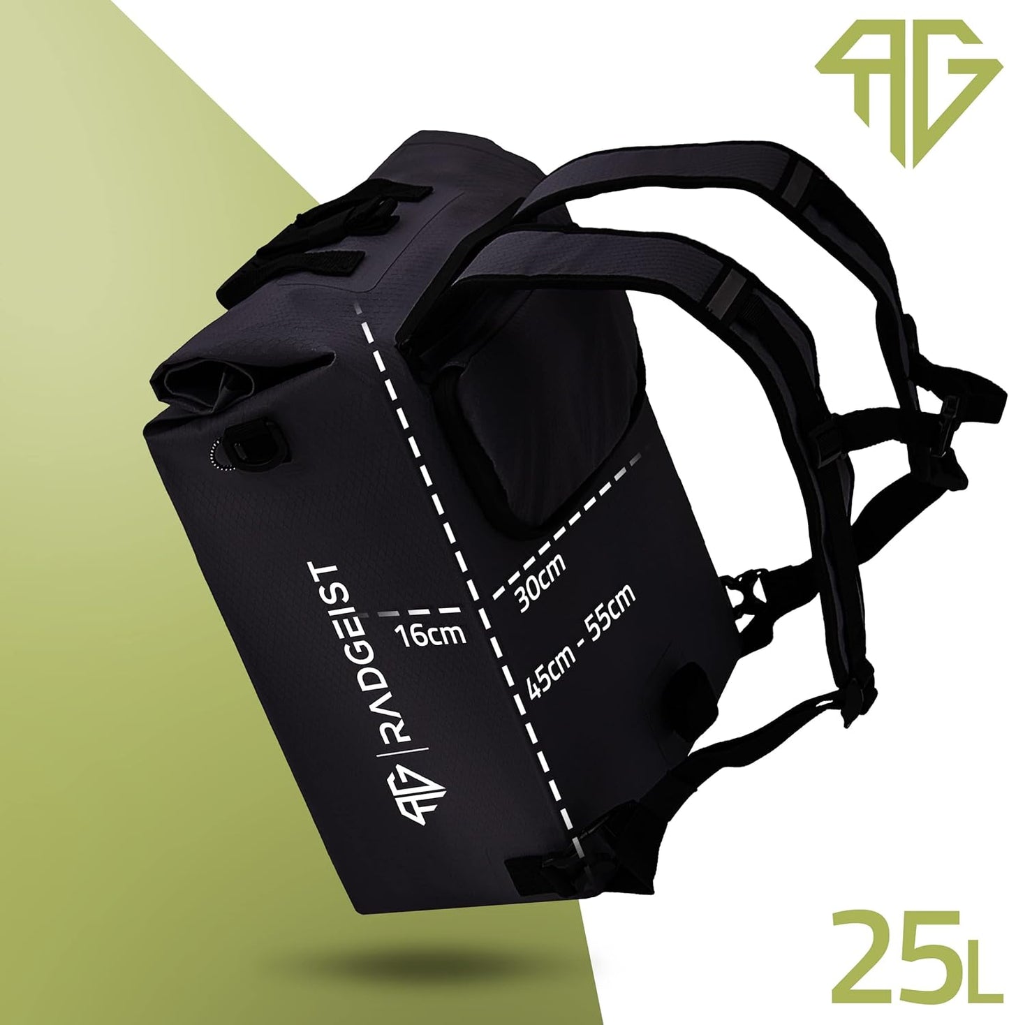 Sacoche de vélo 3 en 1 RADGEIST - sac à dos de vélo, sacoche de porte-bagages, sacoche à bandoulière, avec compartiment pour ordinateur portable, étanche, 25 litres, noir