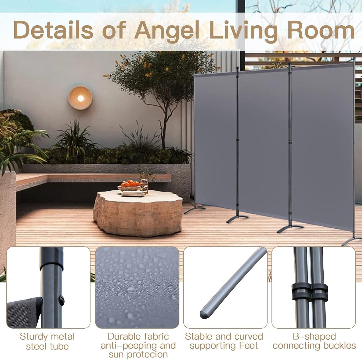 Angel Living Paravent - 3 Panneaux - 243 x 170 cm - Gris