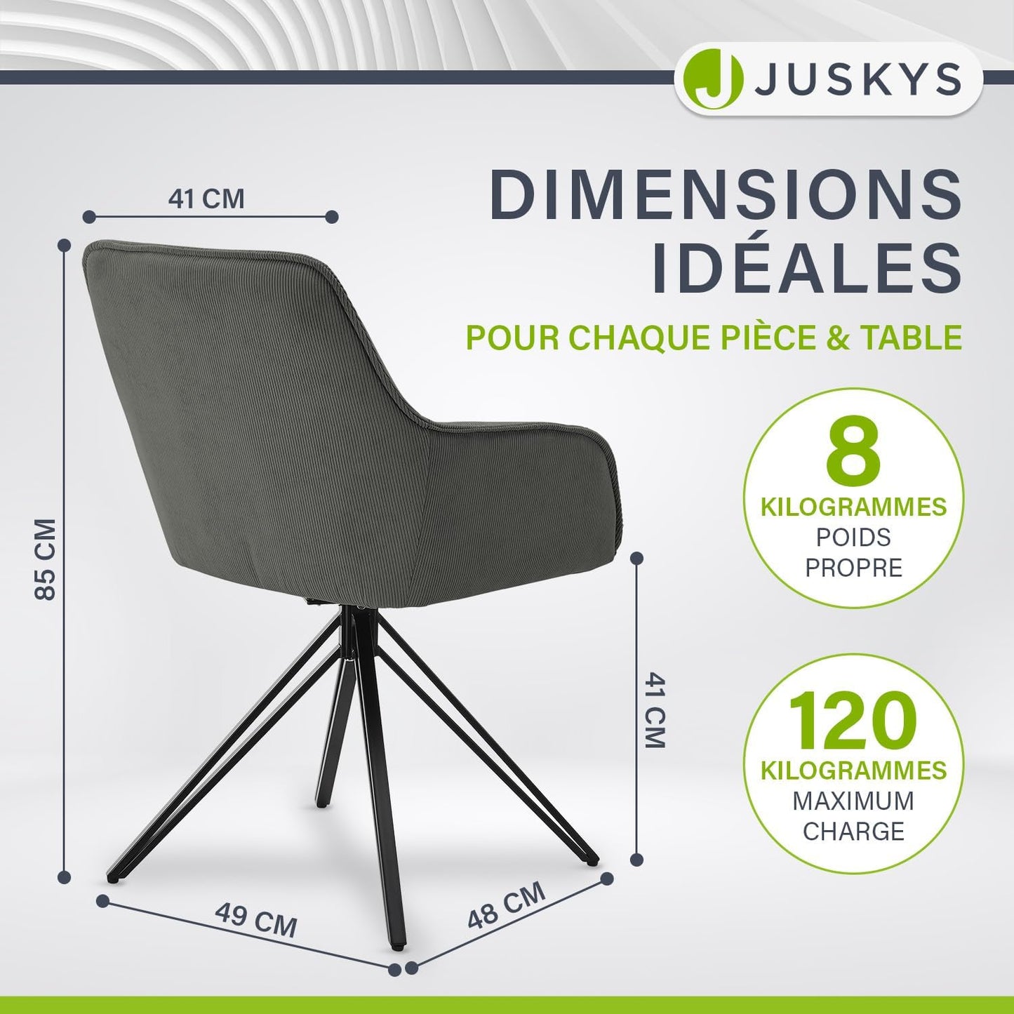 Chaise de salle à manger Juskys avec accoudoir - capacité de 120 kg - 61 x 57 x 85 cm - gris clair