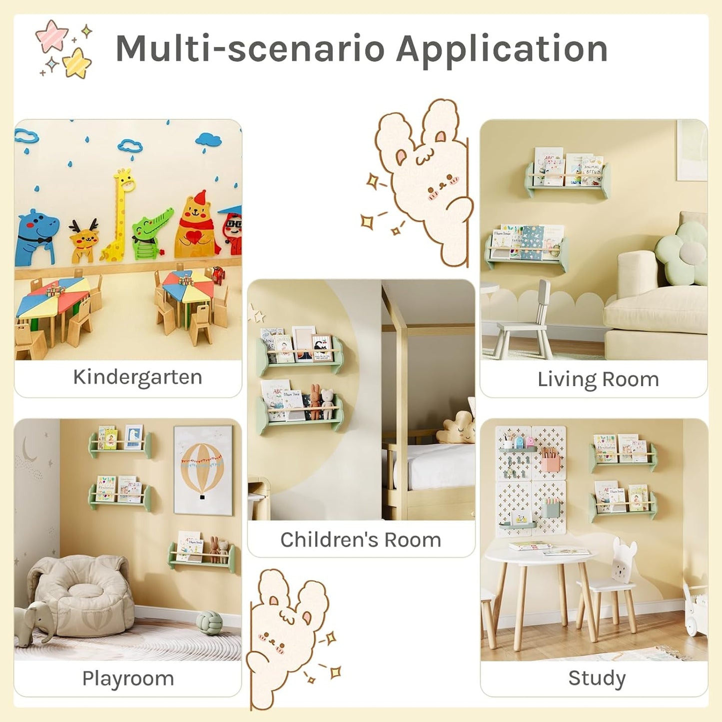 Woltu Bibliothèque murale pour enfants 3 pièces - Forme de nuage - 65 x 23 x 12,7 cm - Pin & MDF - Set d'étagères murales modernes