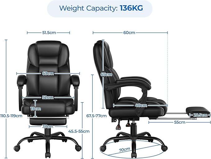 Yaheetech Siège de bureau avec repose-pieds - Noir - Siège de direction ergonomique avec dossier et accoudoirs réglables