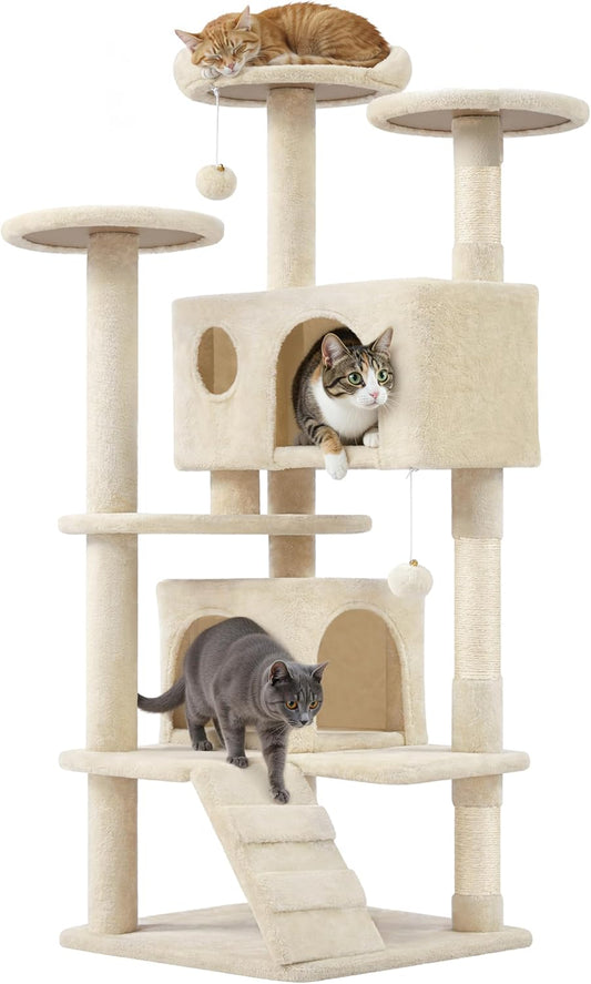 Yaheetech Griffoir pour chat 137 cm - Beige - 49 x 49 x 137 cm - Avec 2 maisons, 3 plaques et des boules de jeu en sisal