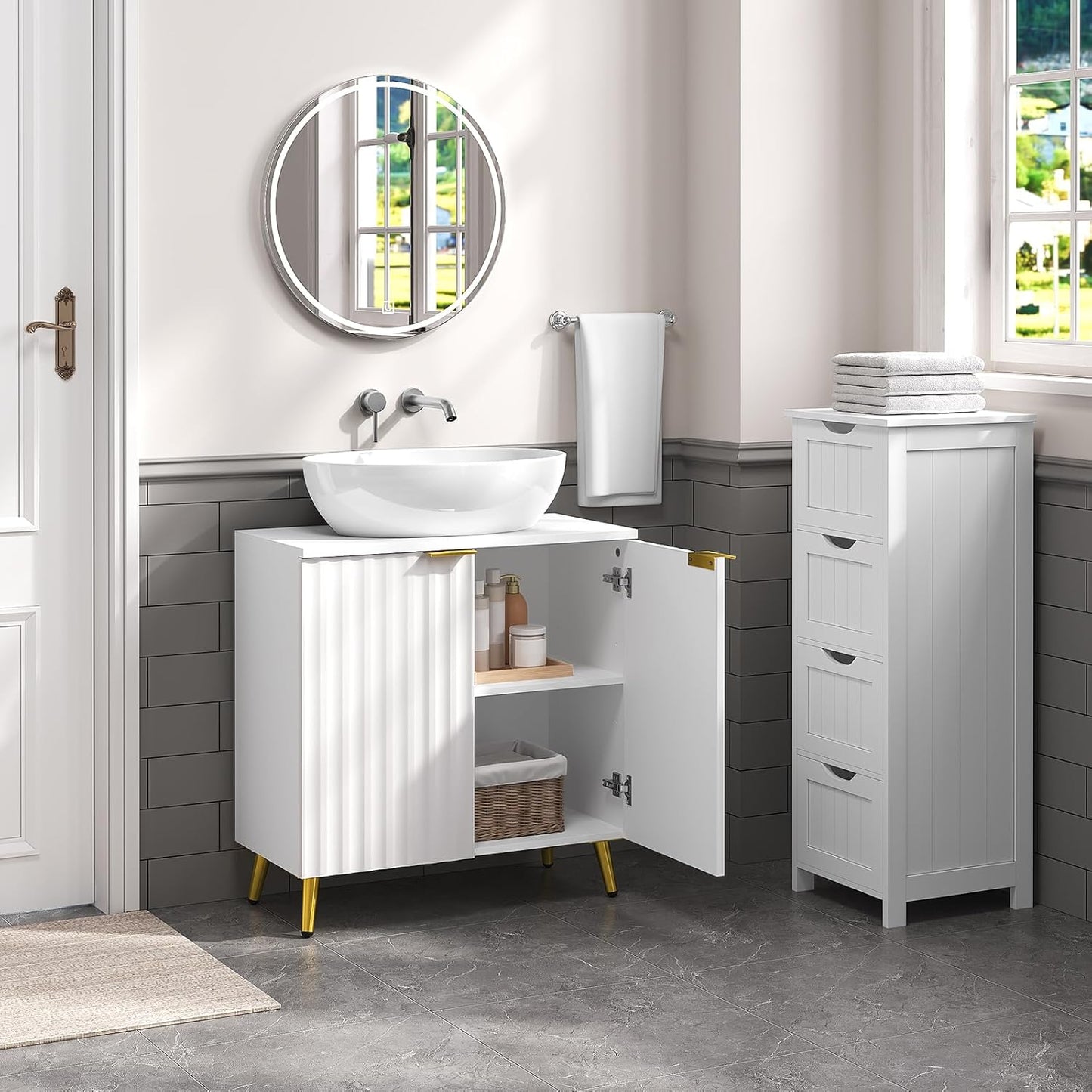 eSituro SBP0095 Meuble bas pour lavabo - meubles de salle de bains - blanc avec pieds en métal doré - 60 x 62 x 30 cm