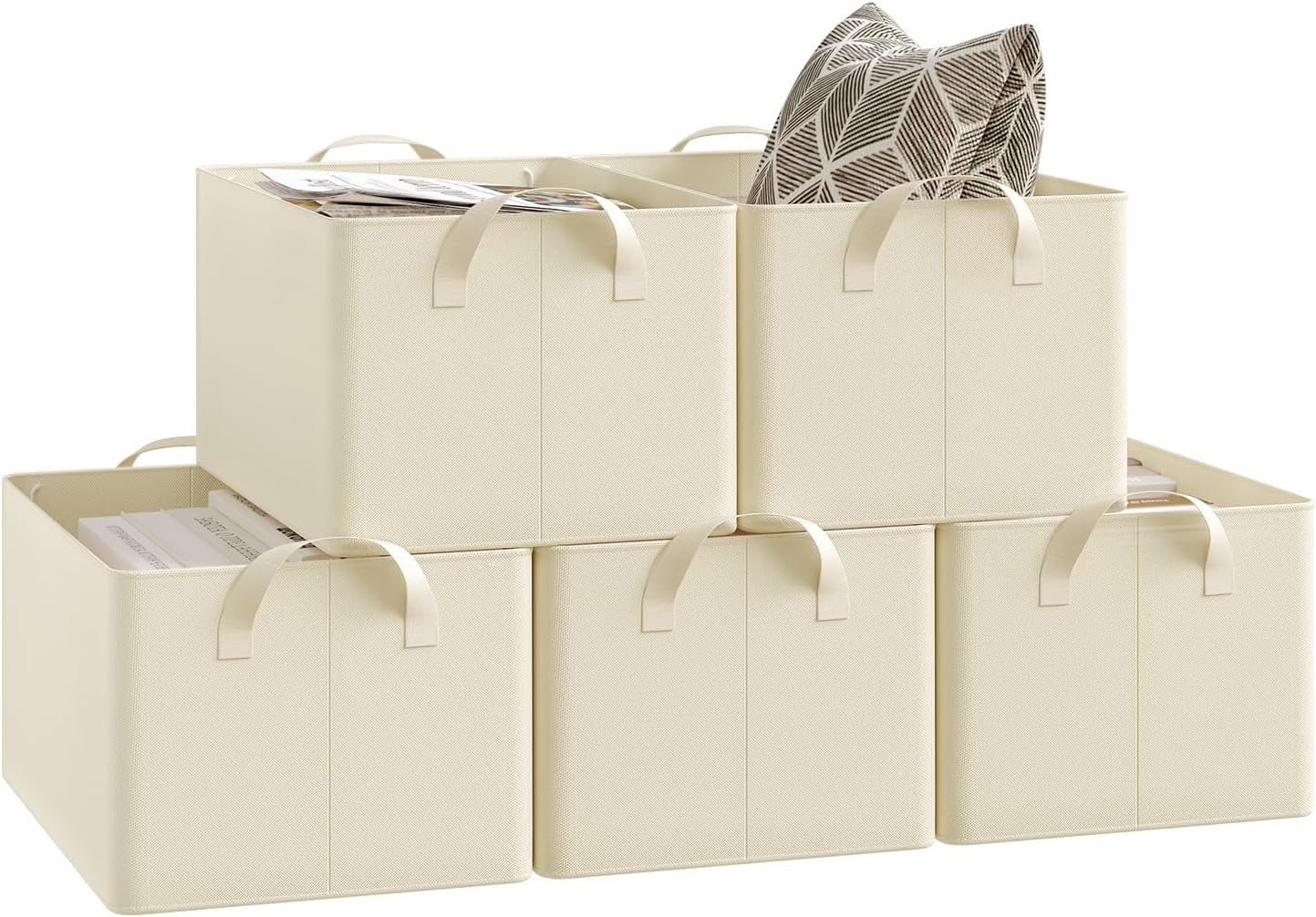 Woltu Boîte de rangement pliable Lot de 5 - Cubes de rangement en tissu avec poignées - Boîtes de rangement empilables pour vêtements et jouets - Crème - 37,5 x 20 x 26 cm