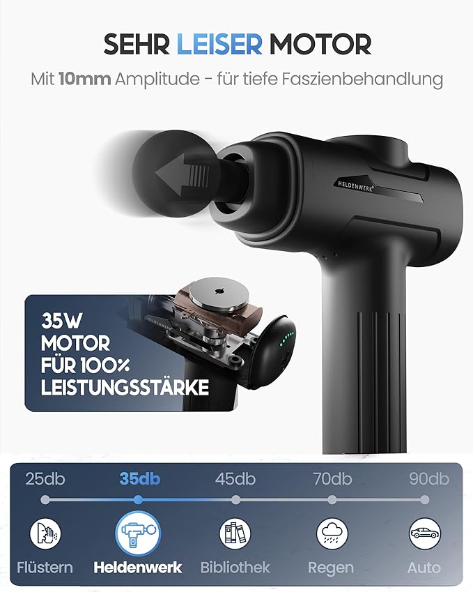 HELDENWERK Pistolet de massage avec 6 accessoires - 3200 rpm, USB-C, masseur musculaire - Noir