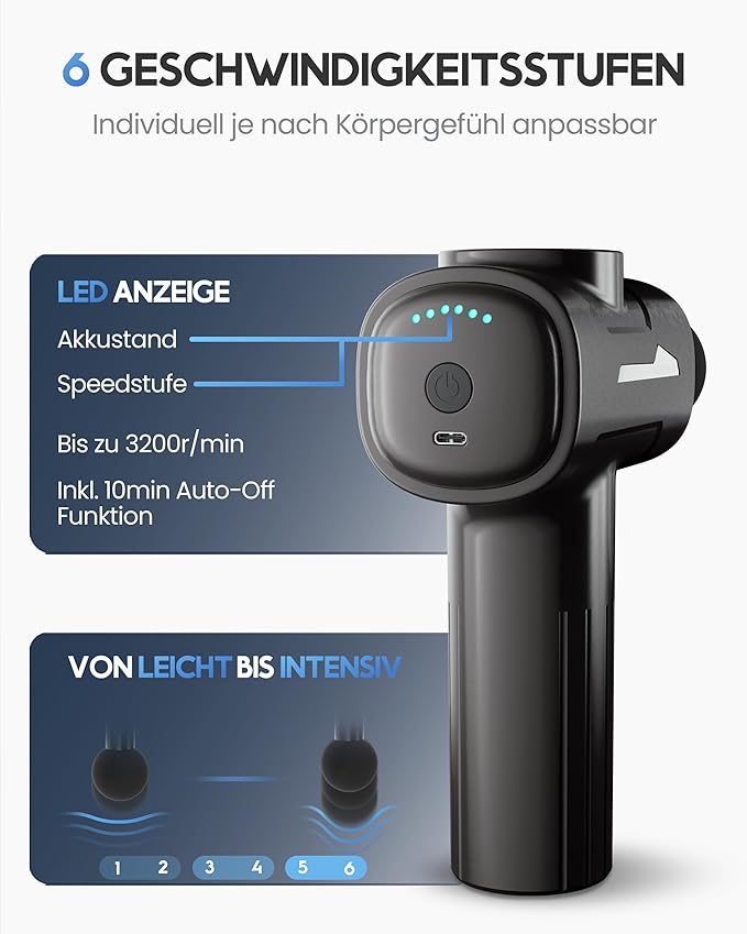 Heroism Pistolet de massage avec 6 têtes de massage - Masseur musculaire 3200 rpm, rechargeable par USB-C - Gris