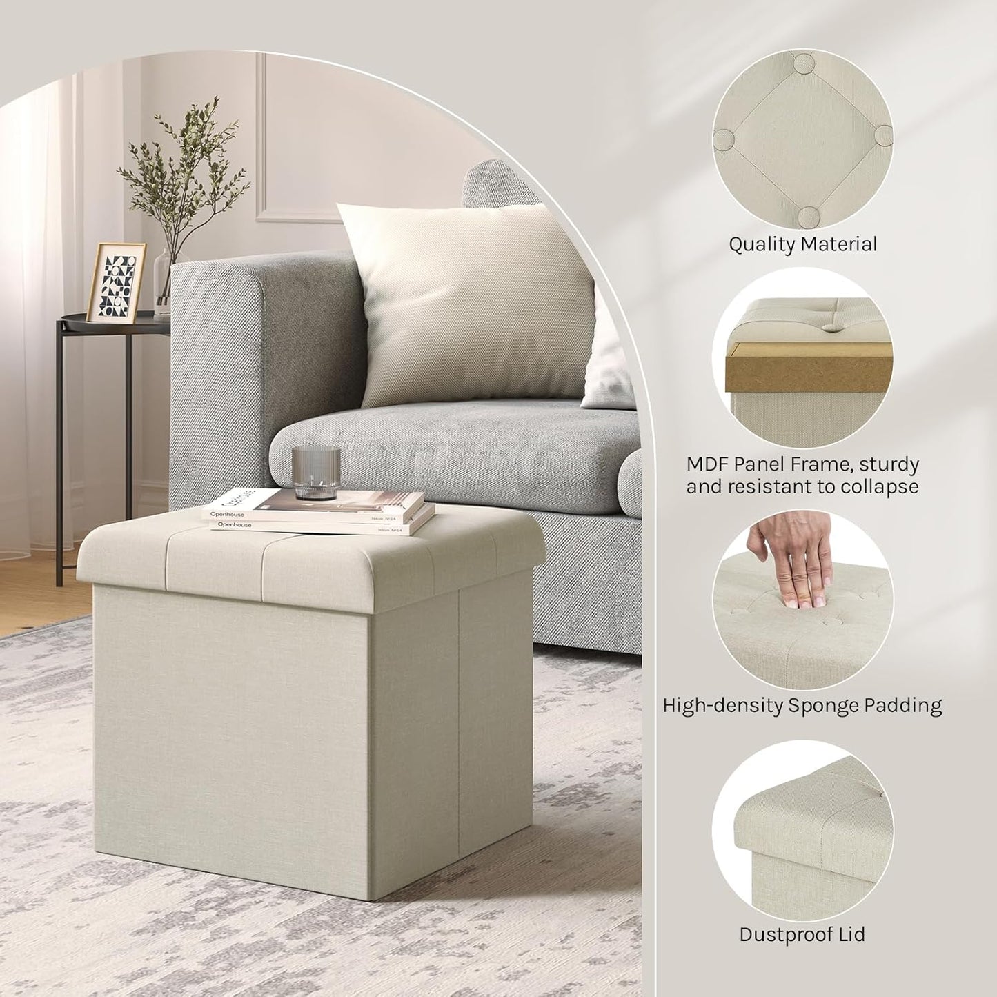 Woltu Tabouret de rangement pliable avec couvercle - Lin blanc cassé - 37,5 x 37,5 x 38 cm - Tabouret et pouf de rangement 35L