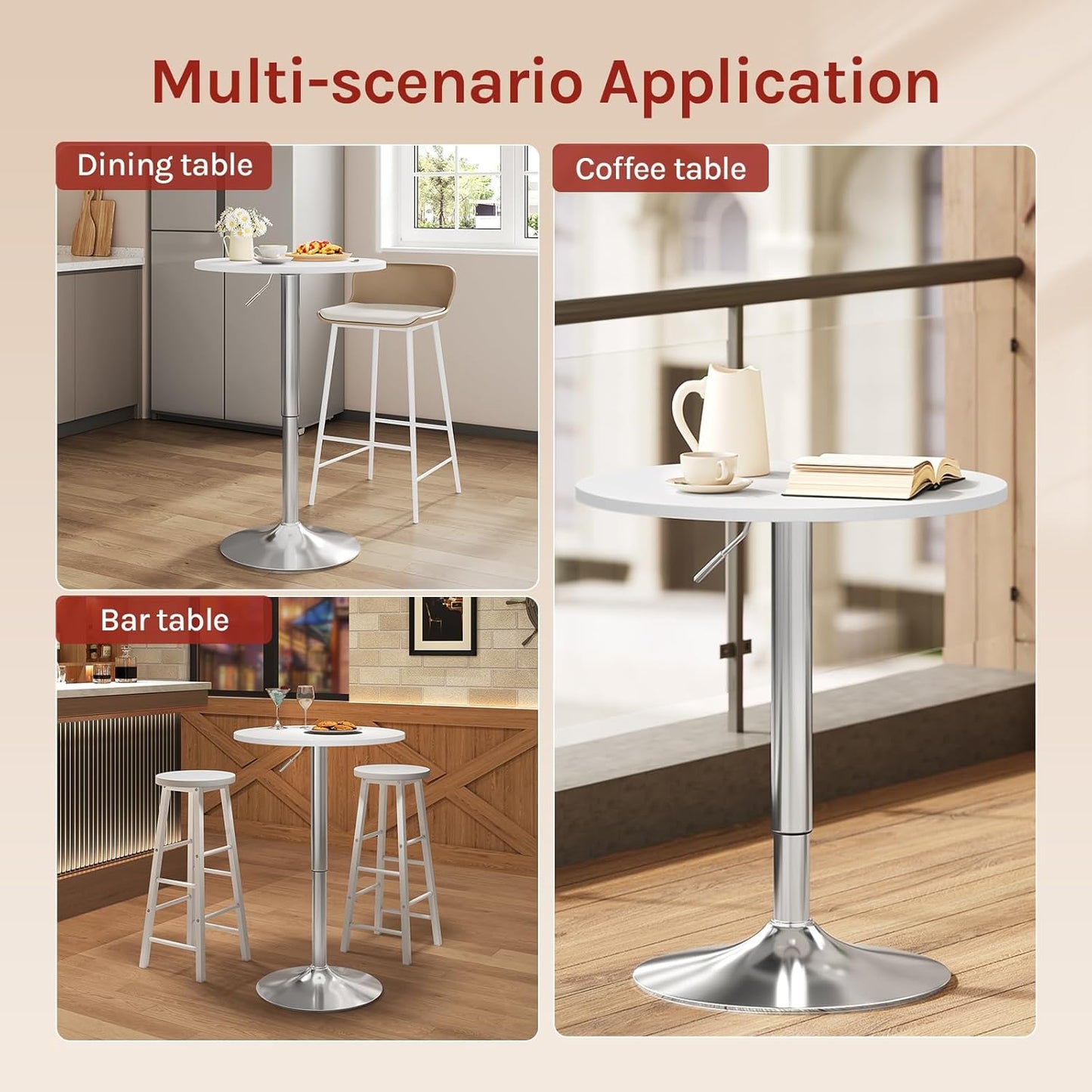 Woltu BT02ws Table de bar réglable - Rond 60x60 cm - Hauteur 68-88 cm - Blanc