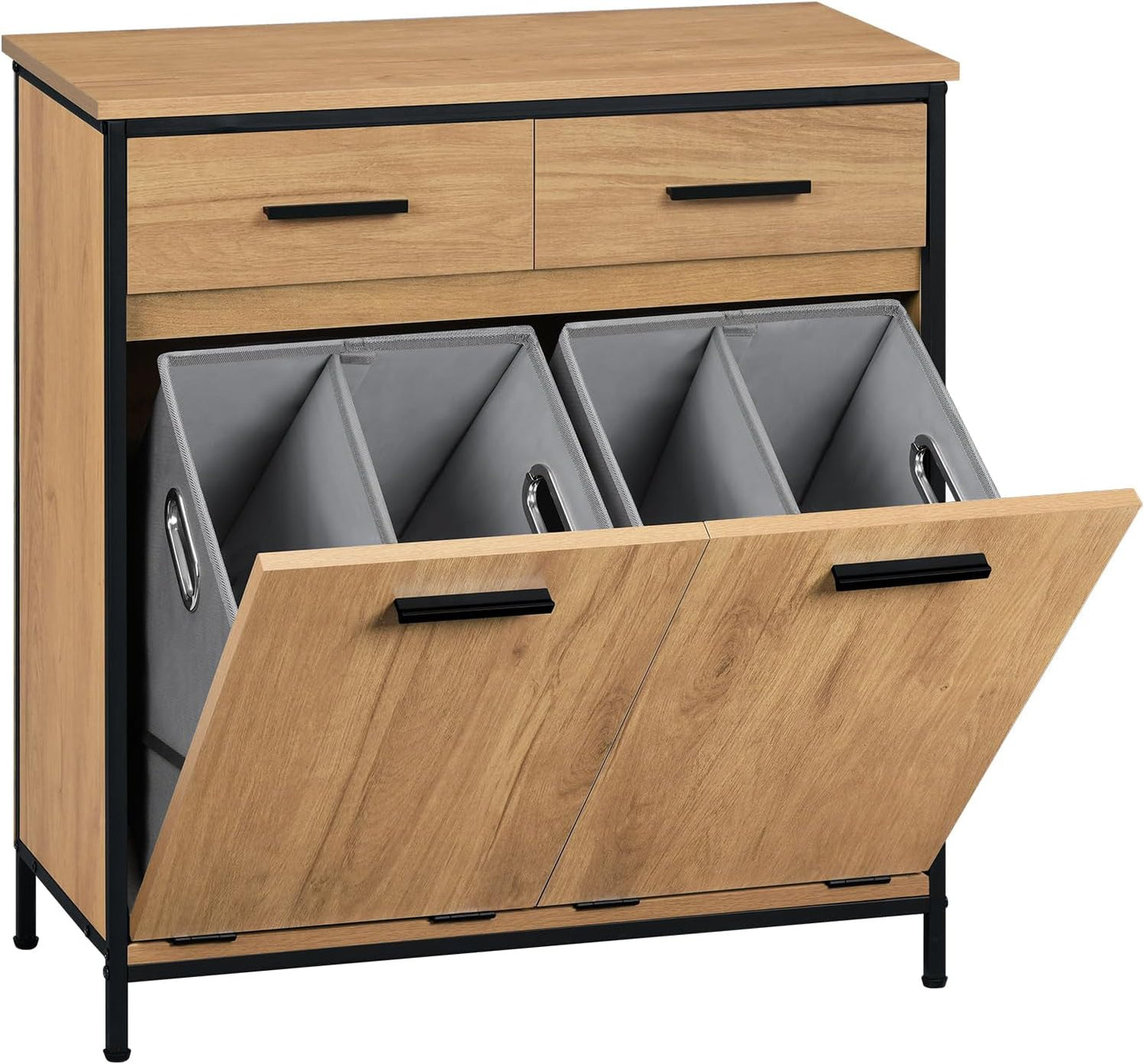 Armoire de toilette Eugad avec panier à linge et 2 tiroirs - Chêne clair et noir - 72,5 x 34 x 80 cm