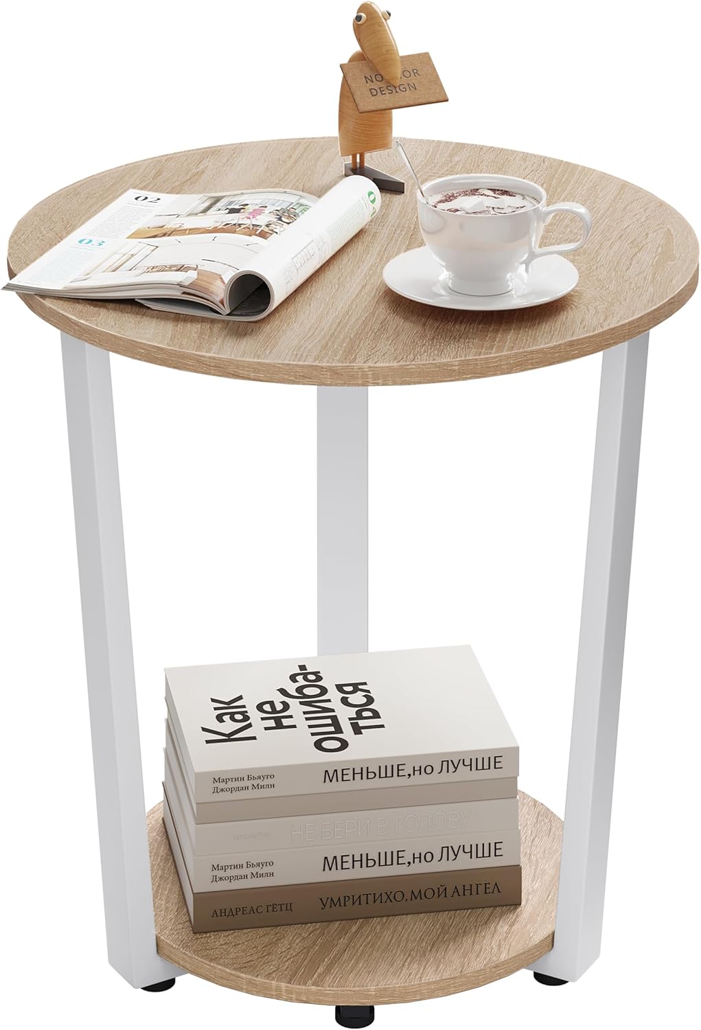 Table basse ronde Woltu - 50x50x53 cm - chêne clair - table d'appoint avec 2 étagères et espace de rangement