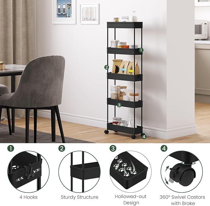 Klihome Service trolley - chariot de rangement à roulettes - 5 étagères - étroit 12,5 cm - noir mat