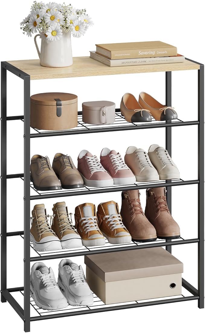 WOLTU Organizer shoe rack - 4 niveaux - chêne clair et noir - 63 x 83 x 30 cm