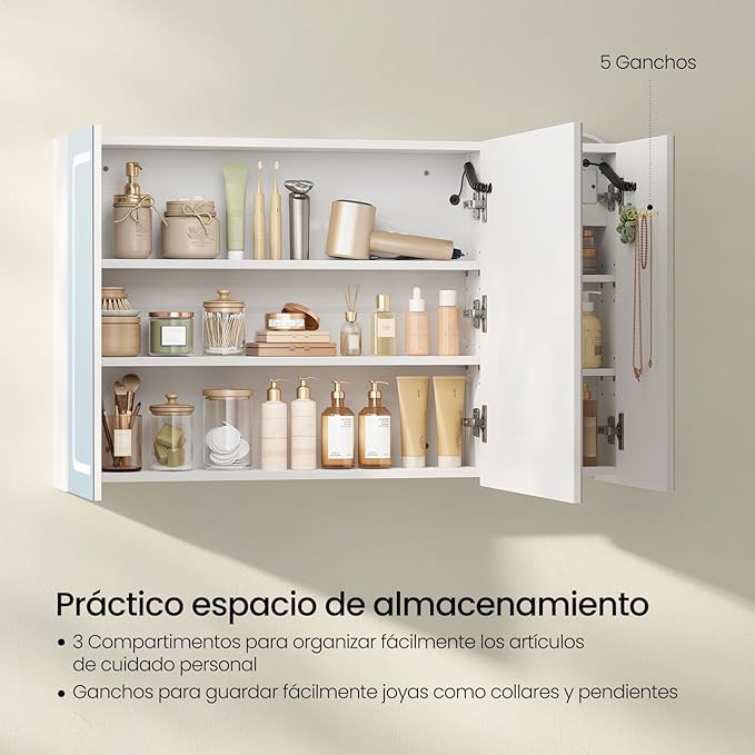 EUGAD armoire de toilette salle de bain - 1 porte miroir - éclairage led 3 températures de couleur avec prises - blanc 100 x 60 x 14,5 cm