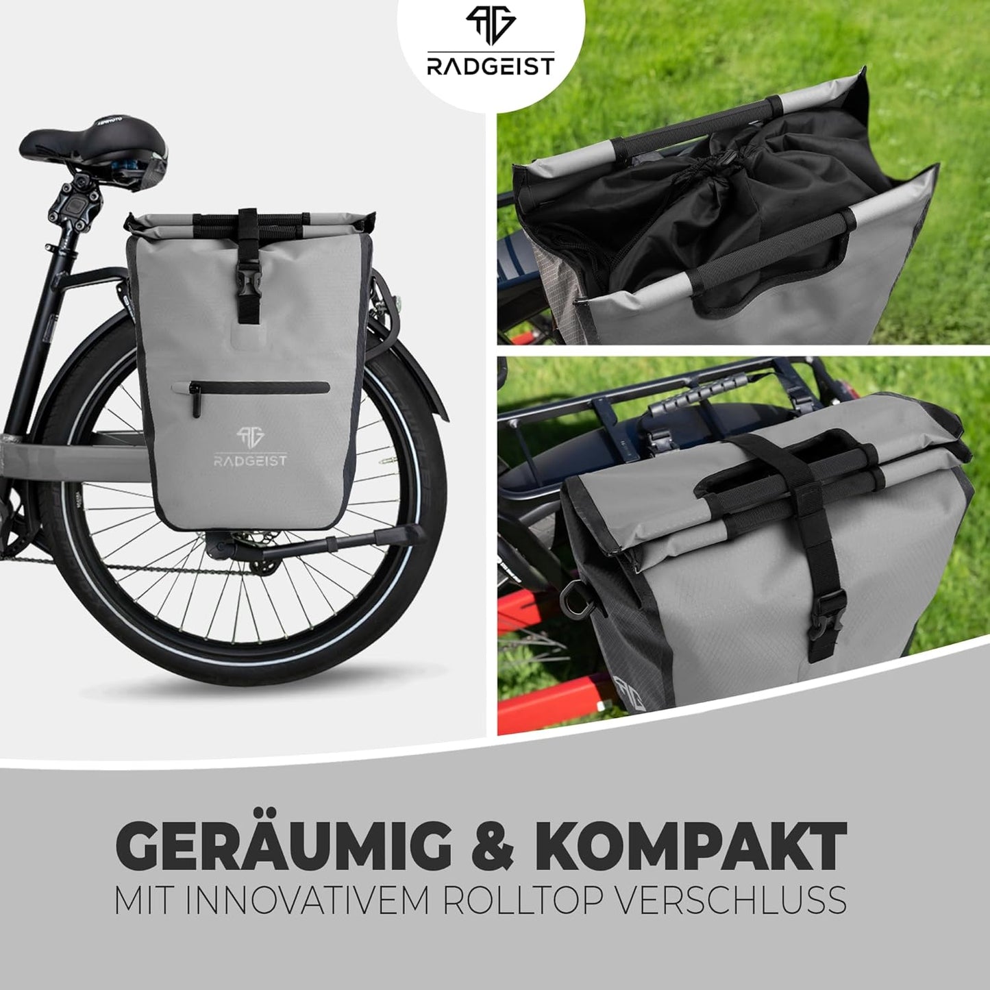 RADGEIST sacoche vélo pour porteur I sacoche vélo shopper avec sac isotherme amovible I sac shopping & sac shopping 22-28 litres - gris