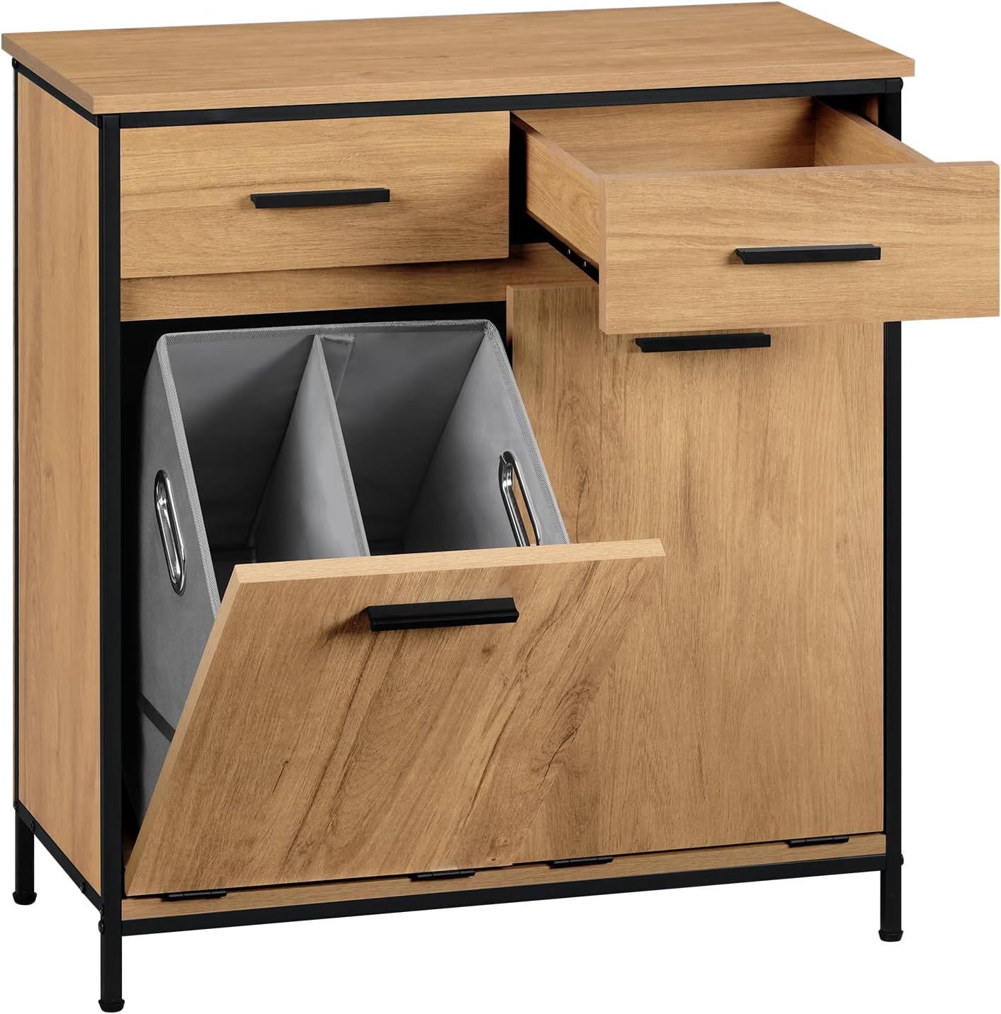 Armoire de toilette Eugad avec panier à linge et 2 tiroirs - Chêne clair et noir - 72,5 x 34 x 80 cm