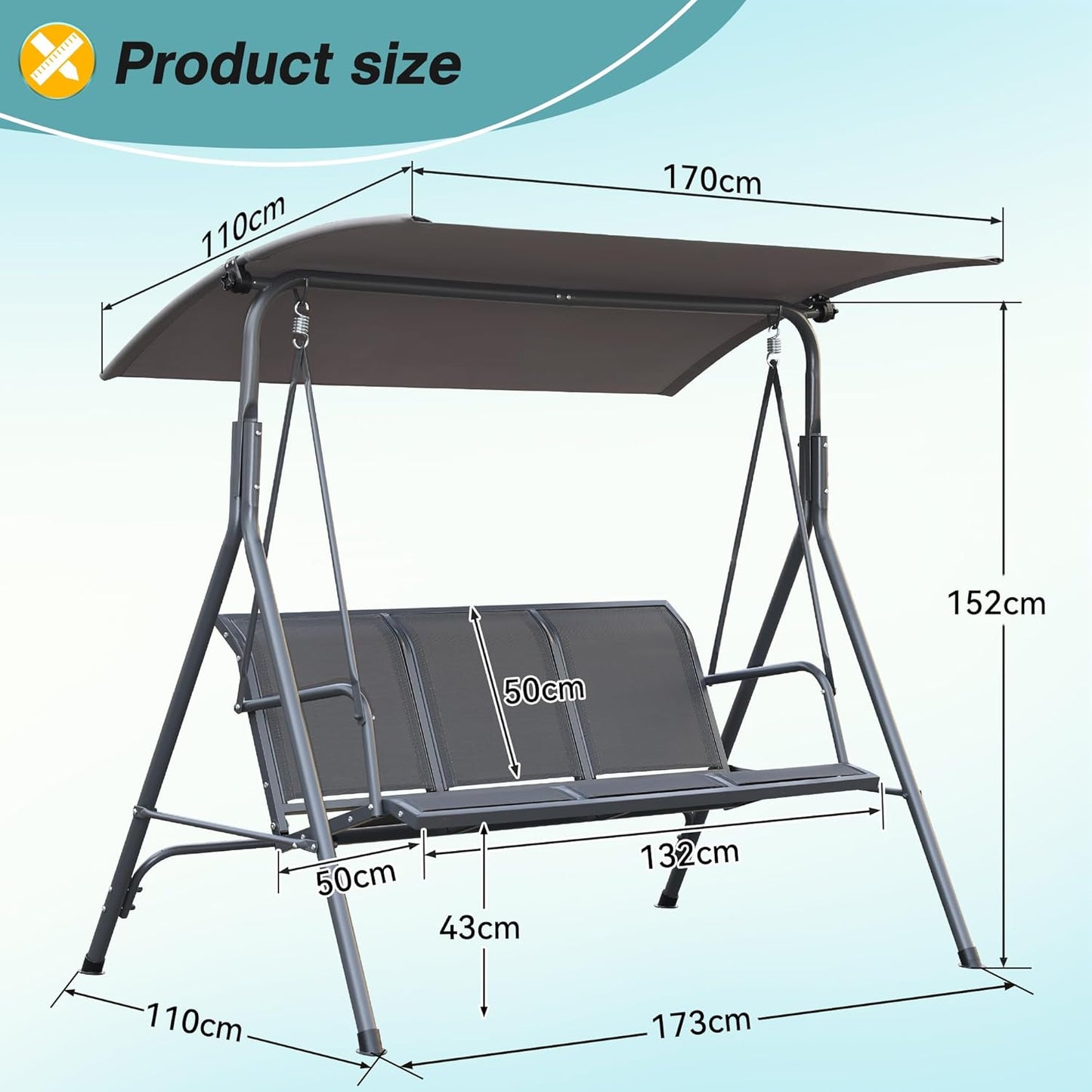 Angel Living Balançoire de jardin - 3 places - Toit - Chaise Teslin - 170x110x152 cm - Teslin
