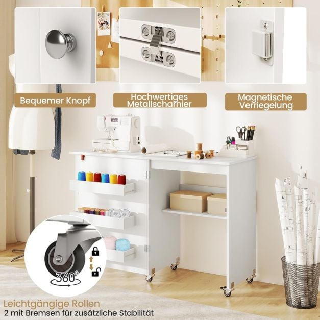 Coast Sewing Table White - Table de loisirs pliable sur roulettes avec rangement et 3 bacs cachés - 118.5 x 40 x 79.5 cm