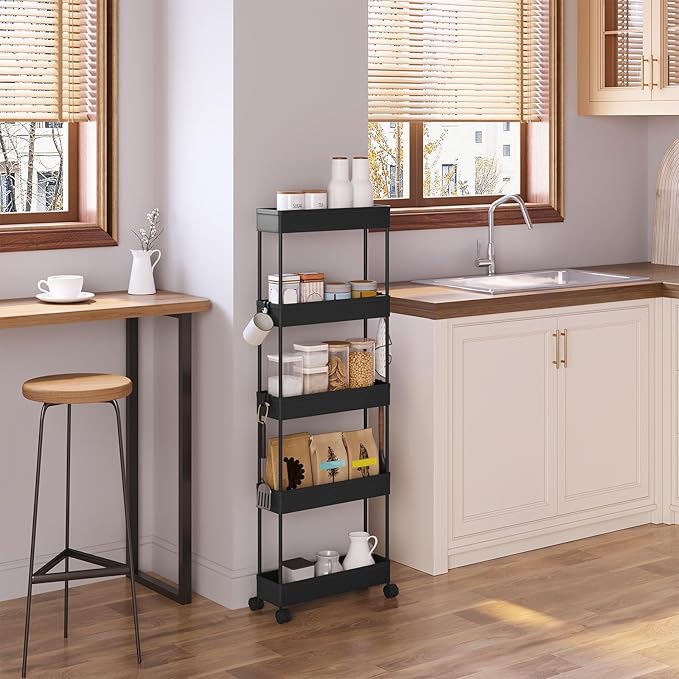 Klihome Service trolley - chariot de rangement à roulettes - 5 étagères - étroit 12,5 cm - noir mat