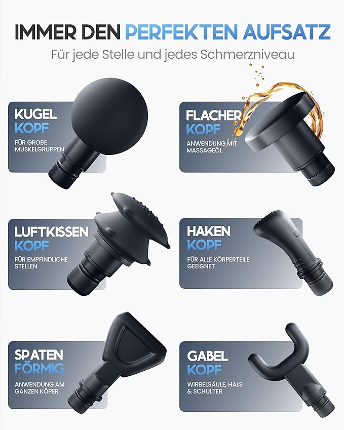 Heroism Pistolet de massage avec 6 têtes de massage - Masseur musculaire 3200 rpm, rechargeable par USB-C - Gris