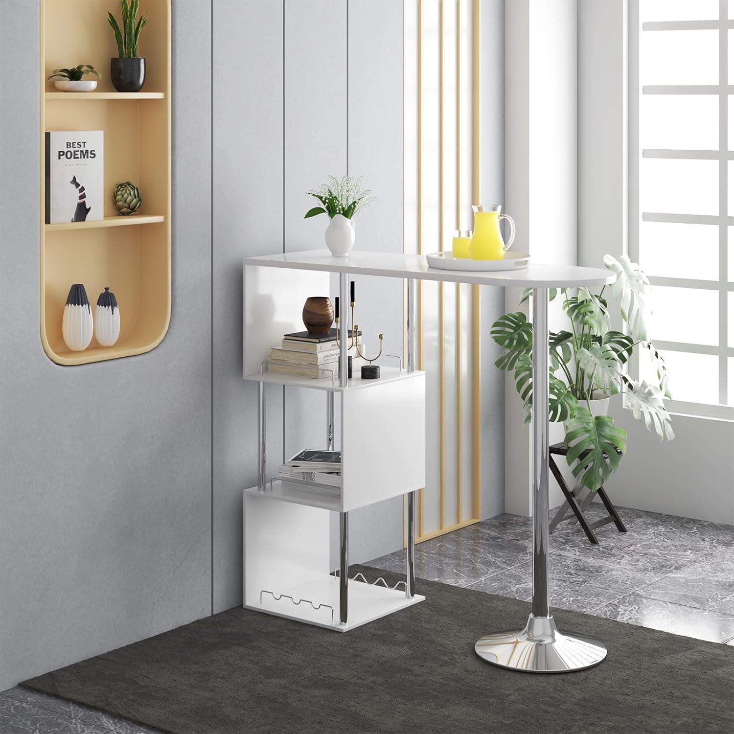 Woltu Table de bar avec porte-bouteilles et 3 étagères - Blanc - 113x40x105 cm