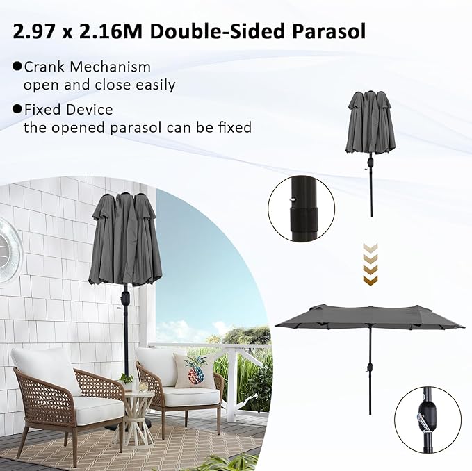 Angel Living Parasol double - 460 x 270 cm - avec manivelle Grand parasol Parapluie de marché - UPF 50+ - gris - 2.97x1.53cm