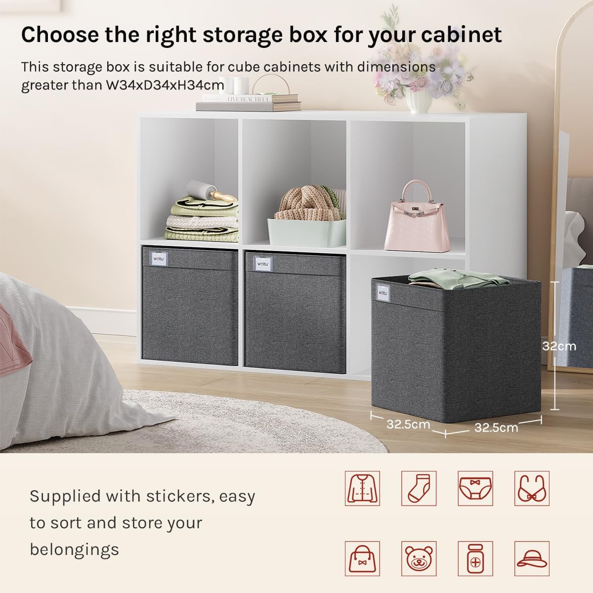 Woltu Boîte de rangement pliable Lot de 3 - Gris - 32.5x32.5x32 cm - Cubes de rangement robustes en tissu avec poignées et porte-étiquettes
