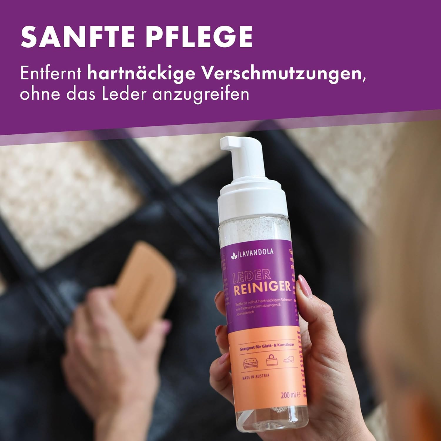 Lavandola Leather Cleaner 200 ml - mousse nettoyante douce et efficace - pour le cuir lisse et le similicuir - contre les salissures tenaces - convient pour les canapés et les fauteuils en cuir