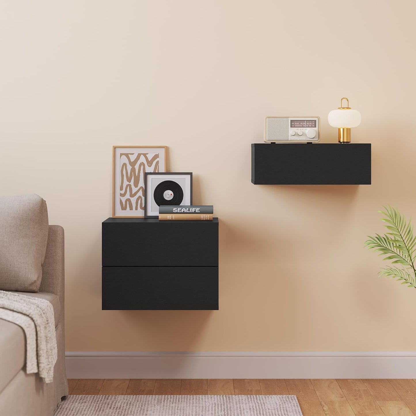 Woltu Floating Nightstands Set of 2 - Black - 40 x 30 x 30 cm - Table de nuit murale moderne avec tiroir