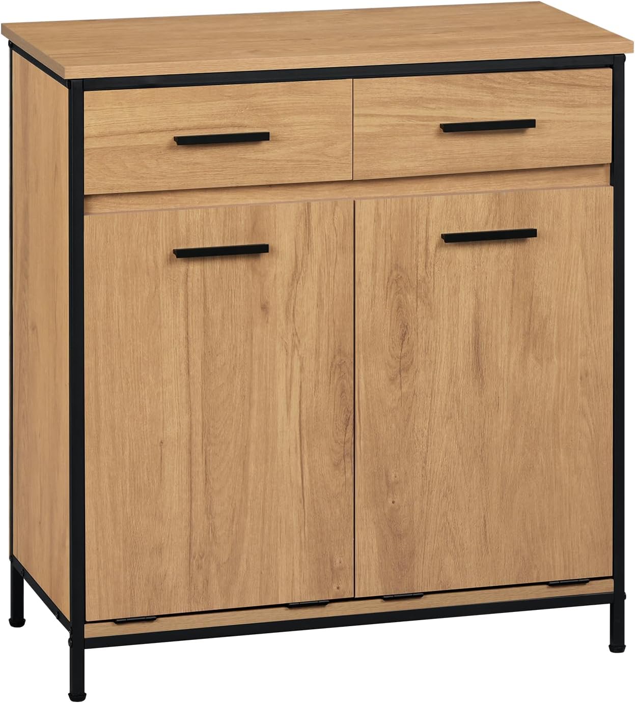 Armoire de toilette Eugad avec panier à linge et 2 tiroirs - Chêne clair et noir - 72,5 x 34 x 80 cm