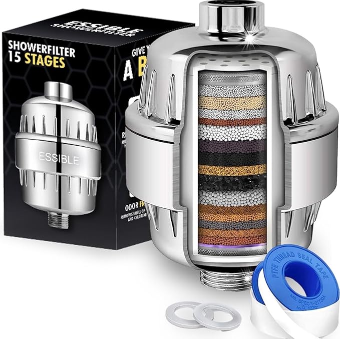 Essible 15-stage shower filter - with vitamins C and E - stainless steel water filter for shower head - against limescale, chlorine and fluoride**.