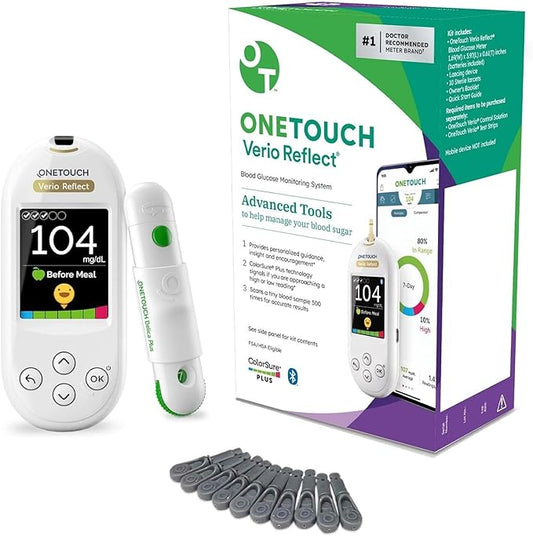 Glycomètre OneTouch Verio Reflect - Surveillance de la glycémie - Le système comprend un glycomètre, un autopiqueur et 10 lancettes stériles.