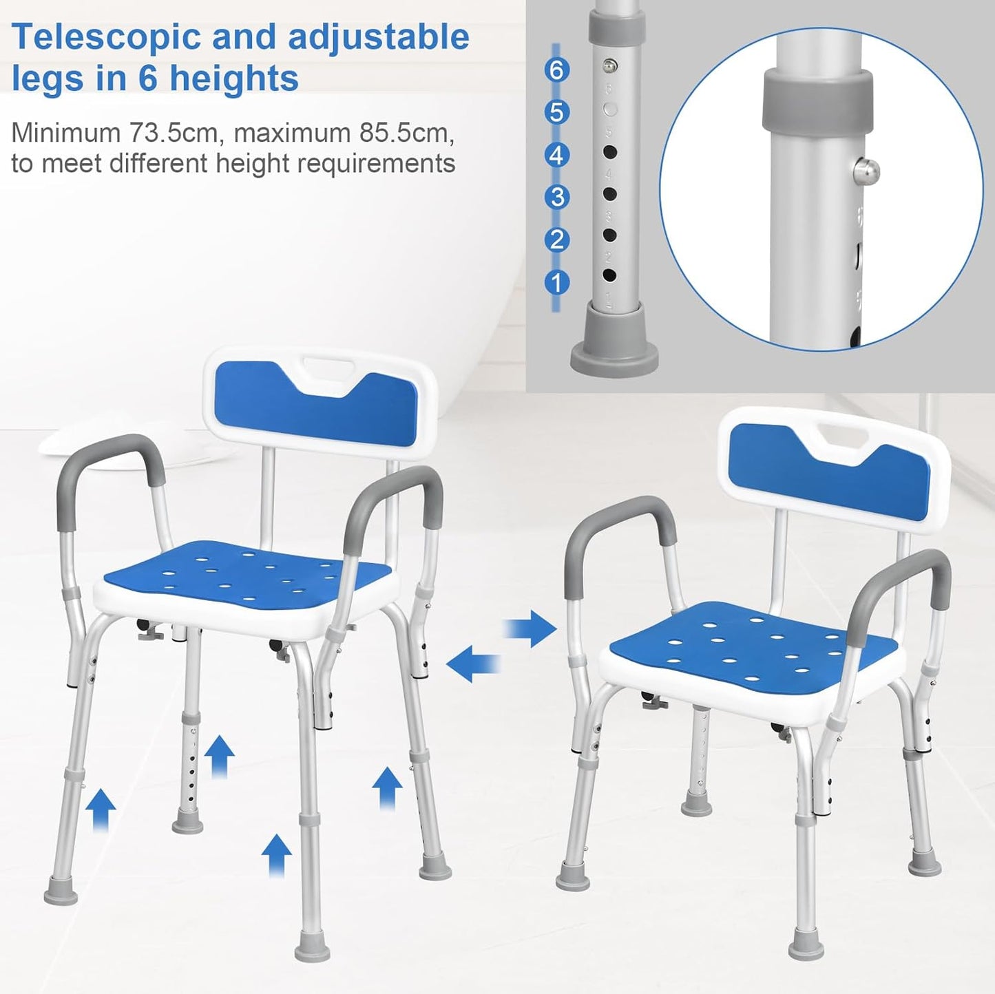 Chaise de douche Eugad - Max. 130 kg - Hauteur réglable - 47 x 39 x 84 cm - Bleu / Blanc