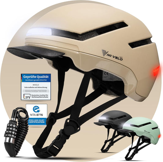 Mivelo Casque de vélo unisexe NOVA - Avec lumière - Certifié NTA jusqu'à 45km/h - Beige - Taille L (57-61 cm)