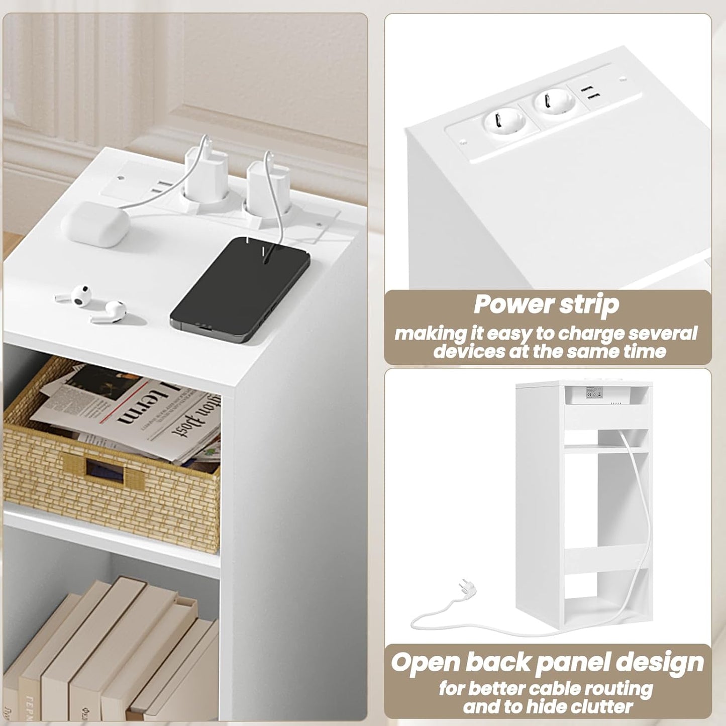Woltu 2x table de nuit avec USB et prise - Blanc - 25 x 30 x 60 cm - Design compact et moderne