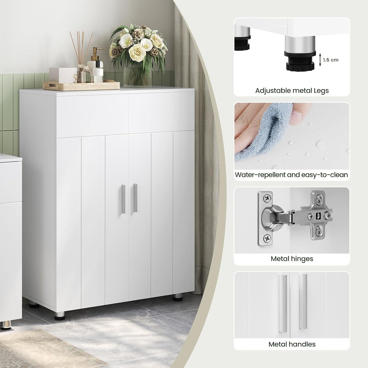 Eugad Bathroom Cabinet Upright - White - 60 x 30 x 82 cm - Meuble de rangement moderne avec portes et étagères réglables